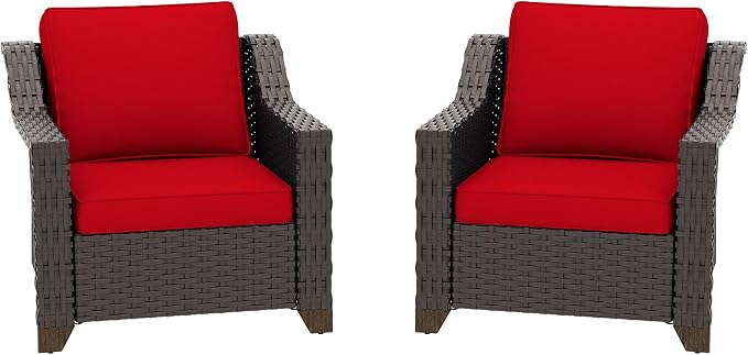 Patio 2 Pieces Wicker Chairs Set of 2，Outdoor PE Rattan Armchairs, Water-Resistant Cushions with Removable and Washable Covers, Porch, Balcony, Sunroom (Red)