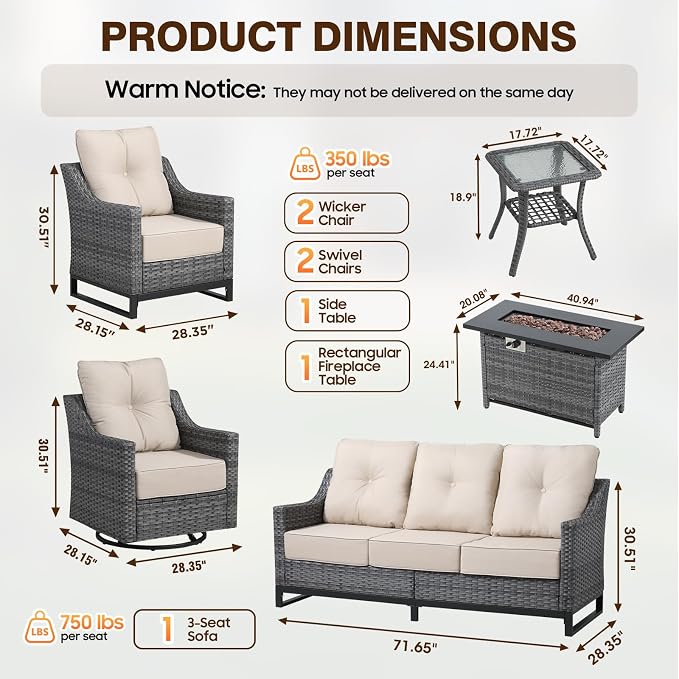 7 Piece Patio Furniture Set With Fire Pit ,360°Swivel Patio Chairs Set of 2,Cozy 60,000 BTU Rectangle Fire Pit Table ,2 Wicker Chairs,Sofa,Outdoor Side Table,All-Weather Wicker Patio Set For Outdoor