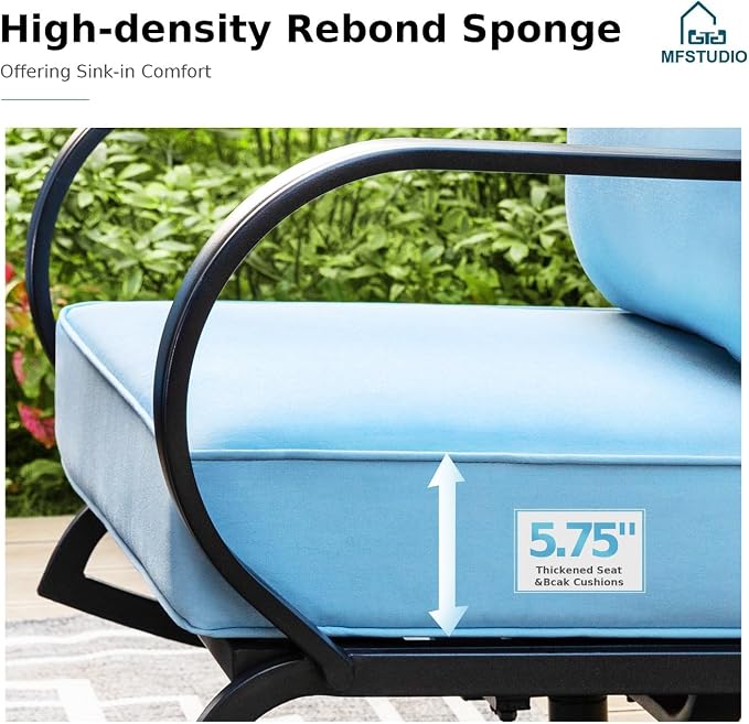 MFSTUDIO 8 Pieces Patio Furniture Sets with 45" Gas Fire Pit Table(Up to 9 Seat),Outdoor Metal Conversation Sofas with 1 x 3-Seat Sofa, 2 Single Chairs,2 Rocking Chairs and 2 Ottoman,Blue Cushion