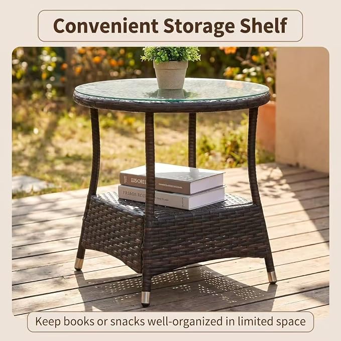 IRONORA Outdoor Wicker Coffee Table Patio Round Side Tables for Outside, Tempered Glass Top Wicker Table with Storage End Table for Balcony Porch Deck