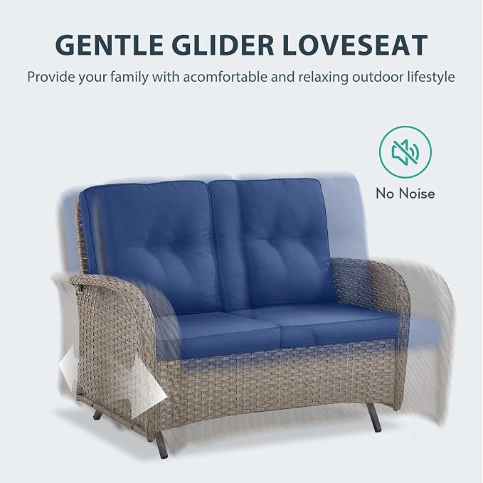 7 Piece Patio Furniture Set - Wicker Patio Conversation Set with Swivel Glider, Glider Loveseat, Tempered Glass Side Table and 2 Ottomans for Deck Backyard - Grey Wicker Blue Cushion