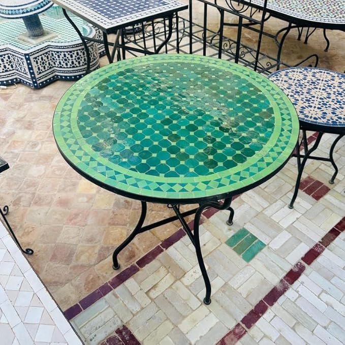 Amazing Mosaic Table, Round Green Zellij Tile Top, Handmade Patio Bistro Table, Mediterranean Garden Furniture, Outdoor Decor
