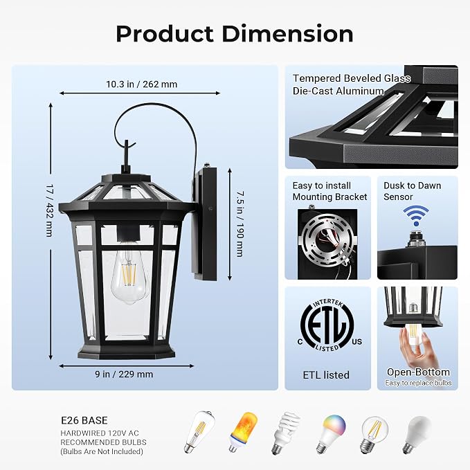 VIANIS Large Outdoor Light Fixture, Black Modern Dusk to Dawn Outside Lighting with Transparent Tempered Glass, Aluminum Waterproof and Anti-Rust Exterior Lighting Fixtures for Porch, Garden, Doorway