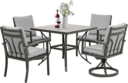 HAPPATIO 5-Piece Patio Outdoor Dining Sets - All Aluminum Outdoor Patio Table and Chairs Set for 4 Includes 1 Square Dining Table, 2 Dining Chairs, and 2 Swivel Dining Chairs, for Lawn or Garden