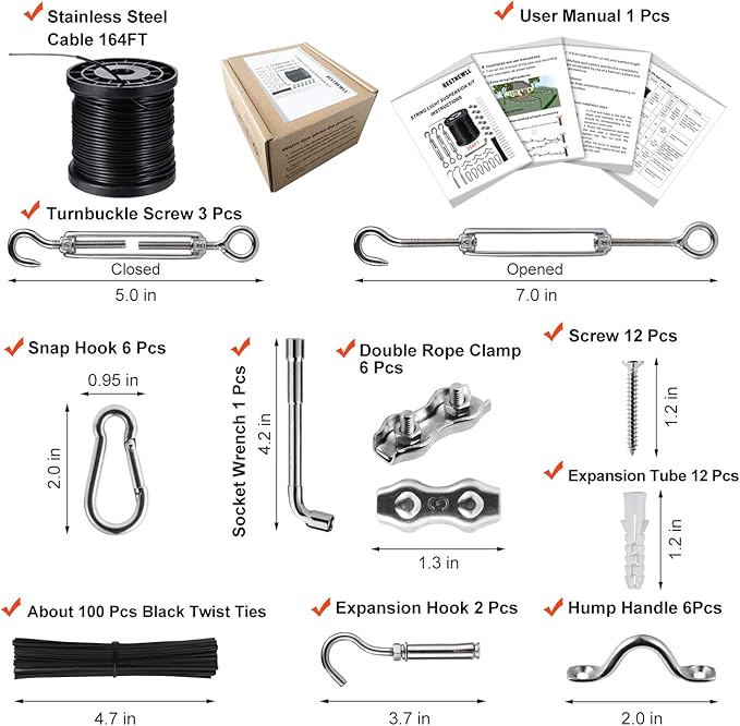 Outdoor String Light Hanging Kit Includ 164 FT Nylon Rope Cable | 304 Stainless Steel Turnbuckle & Hooks,Globe Light Suspension Kits,Patio Lights Guide Wire,Enough Accessories,Use Manual