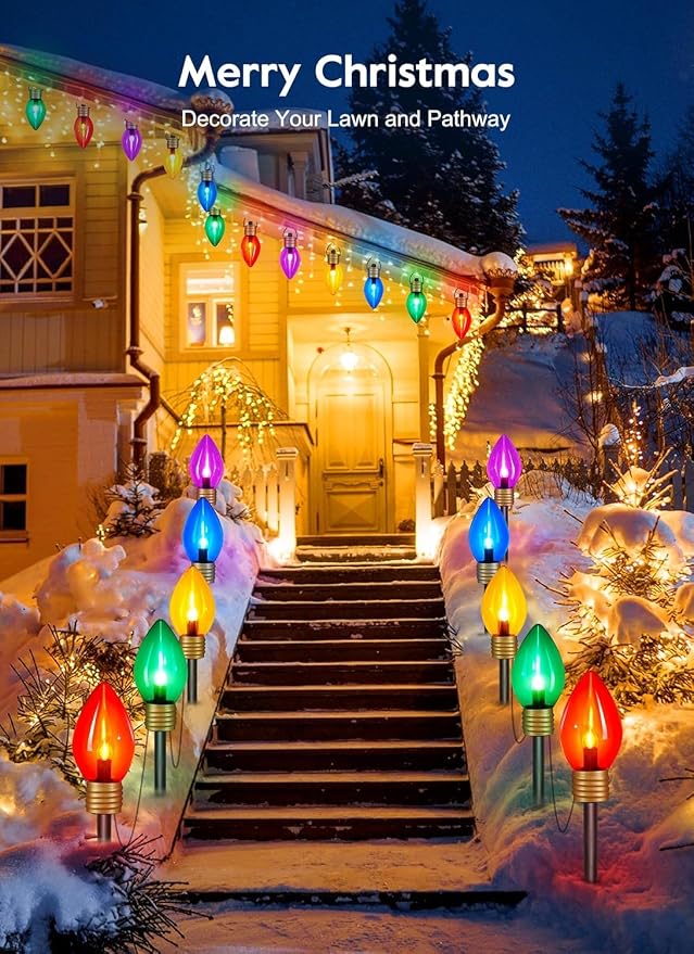 Jumbo C9 Christmas Pathway Lights Outdoor,2Pack Total 17FT C9 Walkway Light | 10 LED Multicolor Bulb Holiday Pathway Light with Marker Stake, Connectable Christmas Lights Outdoor Decoration for Lawn Yard