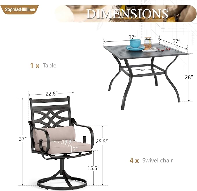 Sophia & William Patio Dining Set, Steel, Black | Umbrella Hole, Swivel Chairs, E-Coated, Cushions Included, For Patio, Garden and Yard