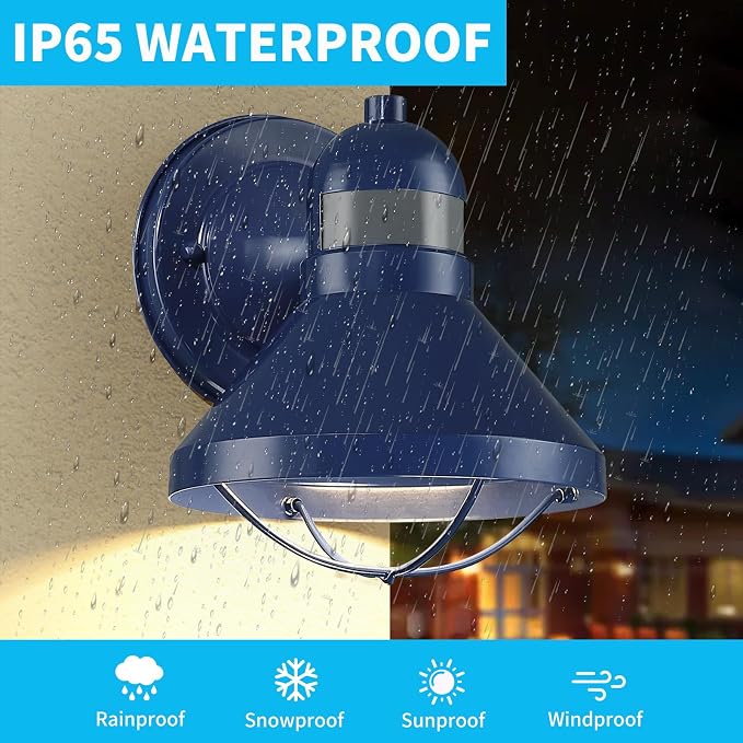 Motion Sensor Outdoor LED Wall Sconce Dusk to Dawn Exterior Barn Lighting | Blue Outside Porch Light Fixture Waterproof Farmhouse Wall Mount Lamp for House Garage Entryway