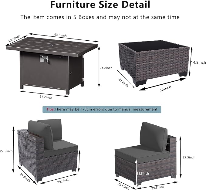 Outdoor Terrace Furniture Set, 15 Piece Outdoor Furniture Set, with 43 inch Aluminum 55000 BTU Propane fire Pit, PE Willow Vine Terrace Dialogue Set - Grey.