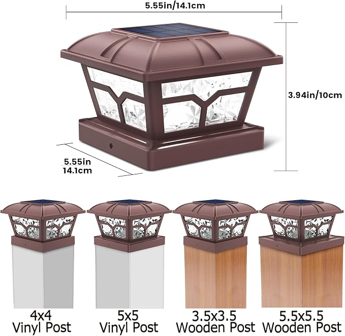 SIEDiNLAR Solar Post Cap Lights Outdoor 2 Color Modes 8 LEDs for 4x4 5x5 6x6 Posts Fence Deck Patio Decoration Warm White & Cool White Lighting Brown (1 Pack)