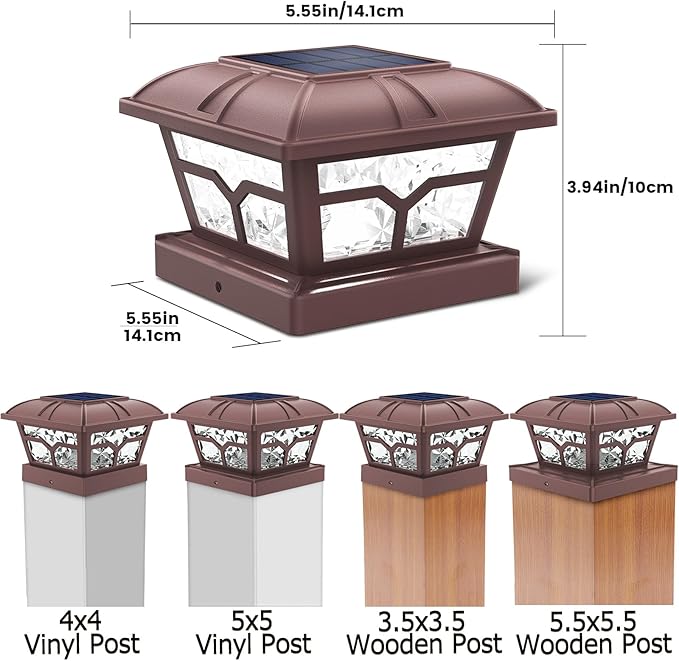 SIEDiNLAR Solar Post Cap Lights Outdoor 2 Color Modes 8 LEDs for 4x4 5x5 6x6 Posts Fence Deck Patio Decoration Warm White & Cool White Lighting Brown (6 Pack)