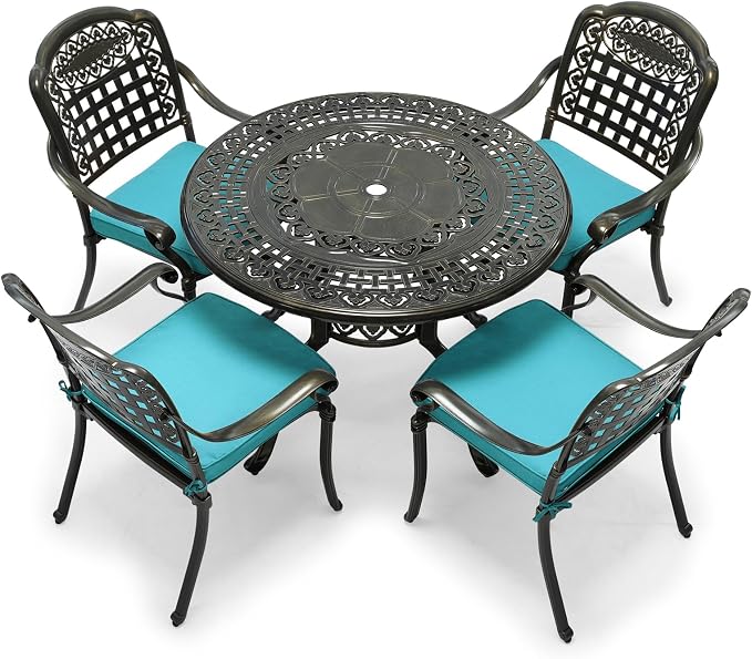 VIVIJASON 5-Piece Patio Furniture Dining Set, All-Weather Cast Aluminum Outdoor Conversation Set, Include 4 Cushioned Chairs and 1 Round Table w/Umbrella Hole for Balcony, Backyard, Ocean Blue Cushion