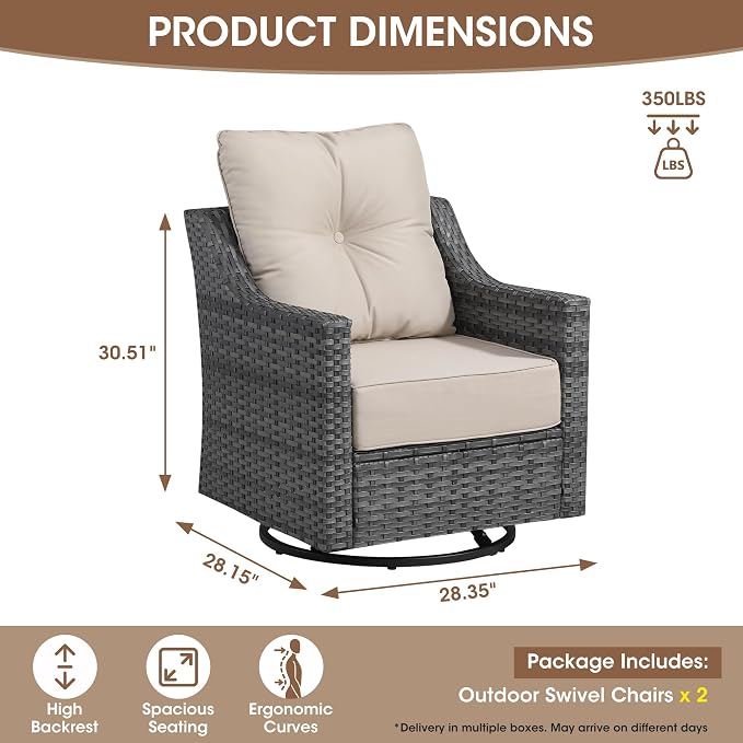 6 Piece Patio Furniture Set, Grey Wicker Outdoor Conversation Set with 4 Swivel Rocker Chairs and 2 Side Tables, 6-Inch Thick Cushions, Beige Olefin Covers for Patio, Porch, Deck
