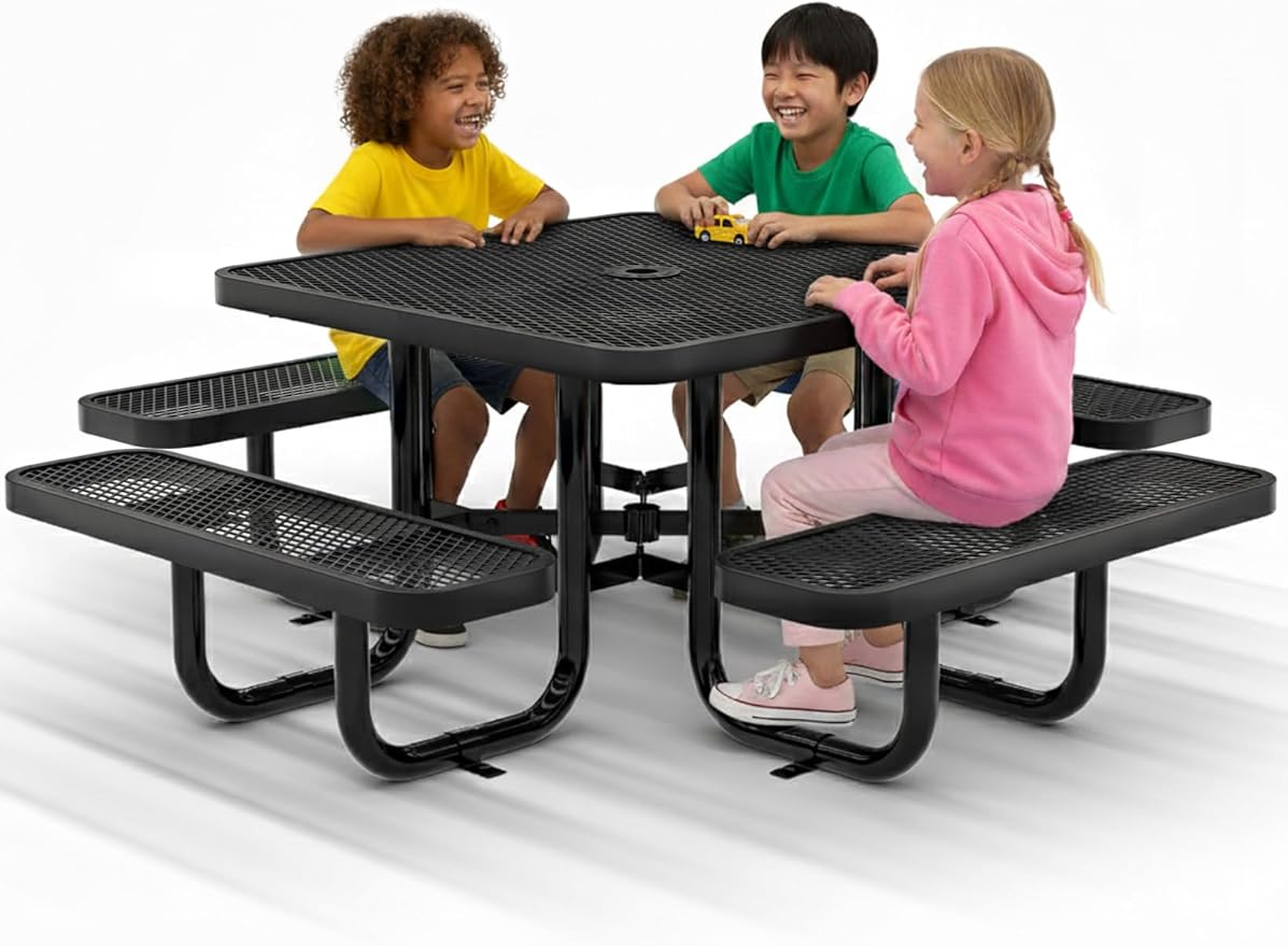 Square Metal Picnic Tables for Kids for Outdoors with Umbrella Hole, Adjustable Seats for School, Park, Playground (Black, 38 in, Kids, Square)