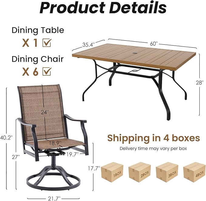 Soohow Outdoor Dining Set for 6, 7-Piece Patio Table and Chairs Set, 6 x Swivel Patio Dining Chairs and 60"x35" Wood-Like Outdoor Table with 1.57" Umbrella Hole for Backyard, Poolside