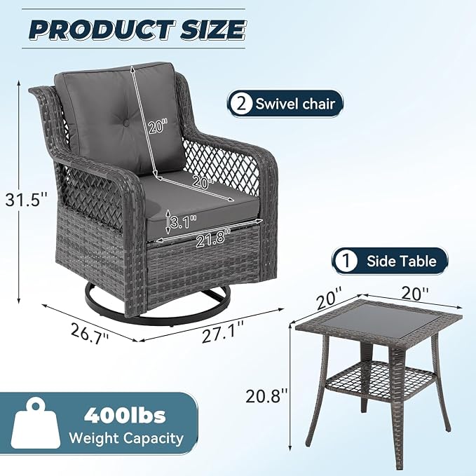 3 Pieces Patio Swivel Chairs, Wicker Patio Conversation Sets with Rocking Chair, Side Table for Outdoor Garden Porch Backyard(Light Grey)