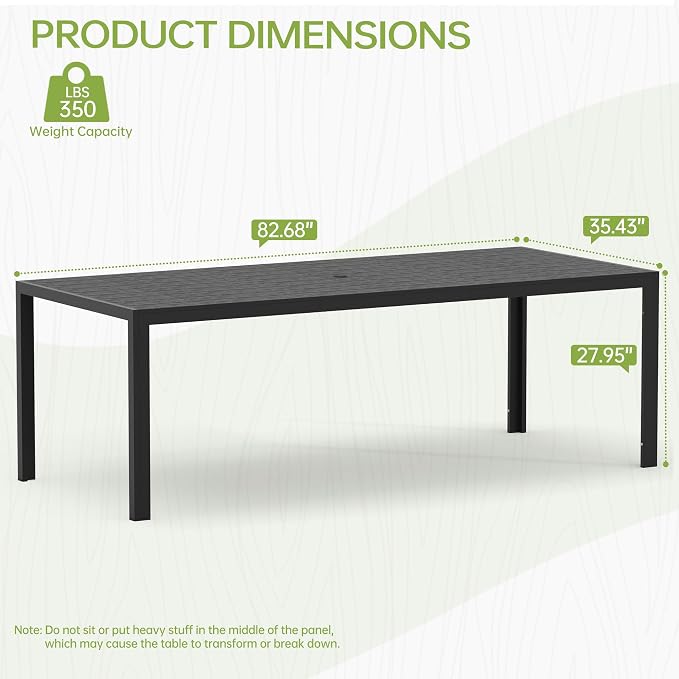 PIZZELLO Patio Dining Table for 8, 83" Rectangular Outdoor Patio Tables with Wood-Like HIPS Slat Top, All Weather Metal Outdoor Dining Table w/Umbrella Hole for Lawn Backyard Garden, Black