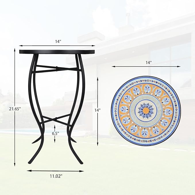 VCUTEKA Mosaic Side Table, 21" Round End Table with 14" Ceramic Tile Top, Patio Accent Table Indoor and Outdoor End Table for Yard, Garden, Living Room, Bistro Balcony or Lawn