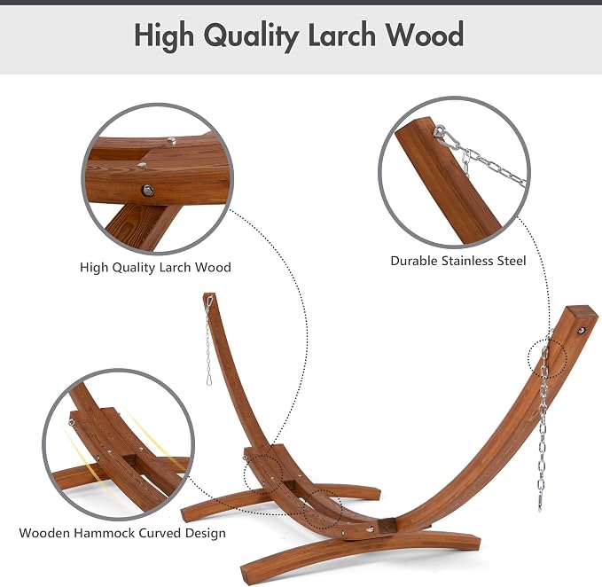 ANOW Heavy Duty Curved Wood Arc Stand with 2 Person Hammock, 13.5FT Larch Wood Stand with 2 Chains, 4 Balance Ropes and 4 Carabiners, Includes Gray Cube Hammock with Spreader Bars