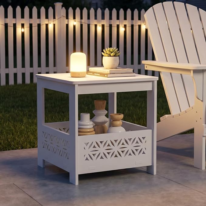 VINGLI Outdoor Side Table with Storage, 15.6" Square Resin Patio End Table, Weatherproof Rustproof Balcony Backyard Poolside Small Table (White)