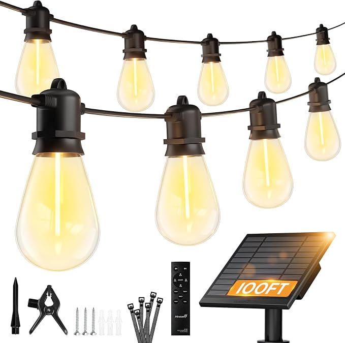 Minetom 100FT Solar String Lights Outdoor Waterproof, S14 Patio Lights | 31+2LED Shatterproof Bulb, Remote Type-C Port Timable, 3 Light Modes Dimmable Solar String Lights for Outside, Yard, Camping