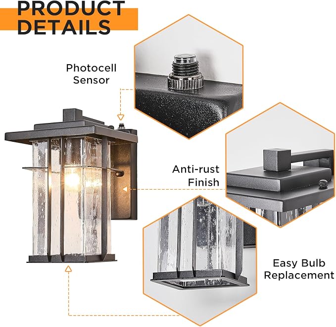 Dusk to Dawn Outdoor Wall Light 2 Pack Outside Wall Lamp Sensor Exterior Light Fixtures Wall Mount 10"H Garage Light Outdoor IP65 Porch Light with Seeded Glass Exterior Wall Sconces for House Patio