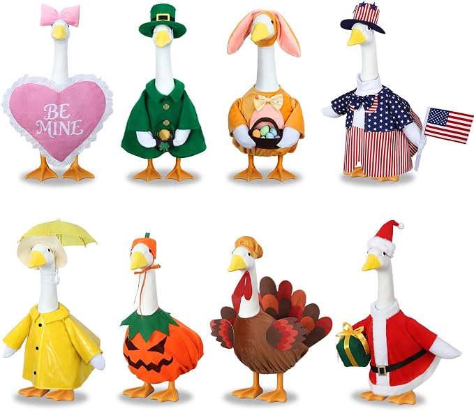 8 Set Porch Goose Outfits Holiday Goose Clothes for 23 Inch Goose Statue | Weather-resistant Polyester, Elastic Snug Fit, Seasonal Goose Outfits, Halloween, Christmas, All Holiday Themes, Patio Decor