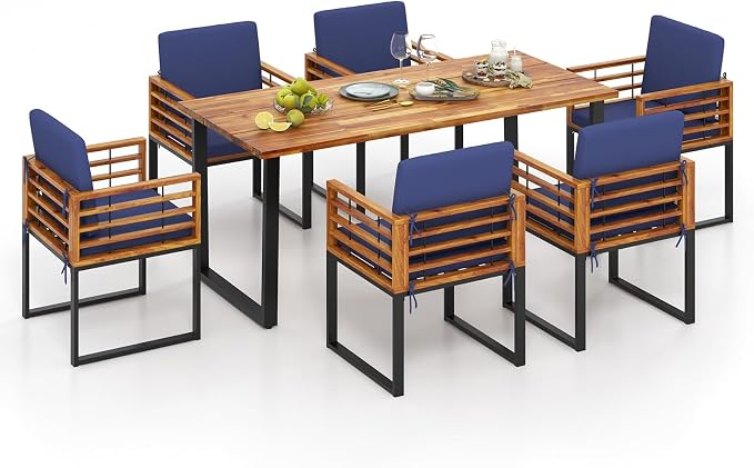 Tangkula 7 Piece Patio Dining Set, Acacia Wood Dining Chair & Table Set, 69” Spacious Tabletop with Umbrella Hole, Heavy-Duty Metal Support, Dining Set for Backyard, Poolside