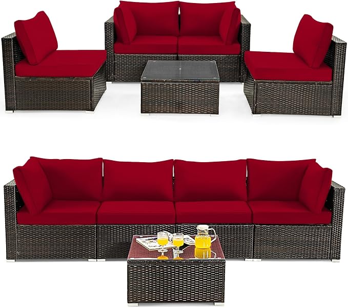 DORTALA 5 Pieces Patio Furniture Set, Outdoor Rattan L-Shaped Corner Sofa Set with Cushions, Coffee Table, Patio Sectional Conversation Set for Backyard Porch Garden Poolside, Red
