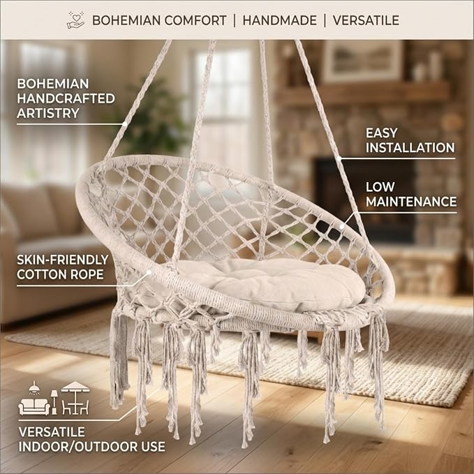 Light Beige Macrame Hammock, Stand-Free Hammock Without Stand, Cotton Porch Swing for Balcony Bedroom Homestay Garden Daily Relax Furniture
