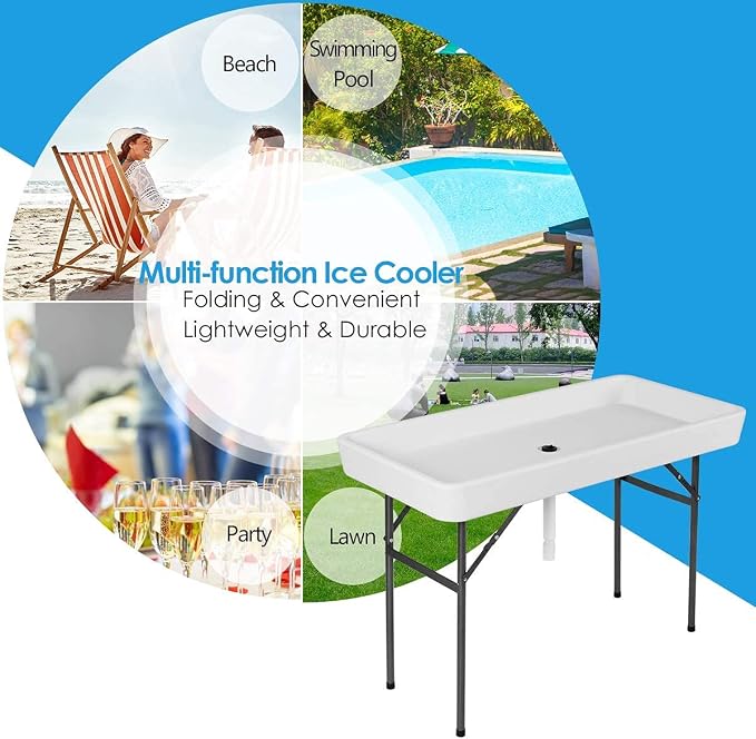 4 Foot Ice Cooler Table, Folding Buffet Cold Food Keeper w/Removable Matching Skirt & Drain Plug, Portable Patio Outdoor Chilling Table, Cooler Server for Party, Picnic, Camping, Wedding, BBQ