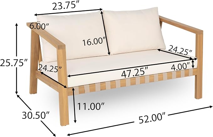 Christopher Knight Home Kayim Patio Loveseat Coffee Table Set with Woven Rope Backrest, Acacia Wood Outdoor Furniture Set, Outdoor Conversation Sofa Chat Set for Backyard Deck, Light Teak+Beige