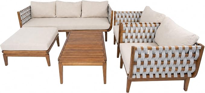 Christopher Knight Home Gwen 5 Piece Acacia Wood Patio Conversation Set with Sofa, Coffee Table, Ottoman and Club Chairs, Patio Sofa Set with Cushions, Outdoor Patio Furniture Set for 6,Teak+Beige
