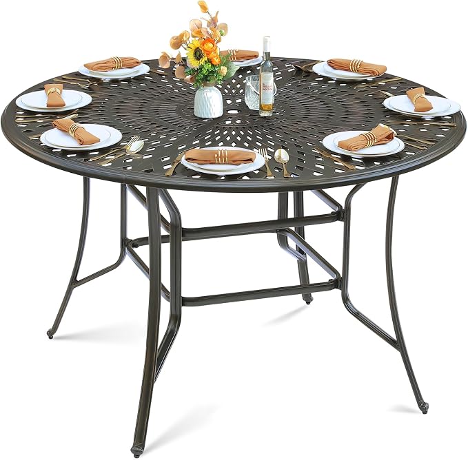 MEETWARM Patio High Bar Dining Table for 8 Person, All Weather Cast Aluminum 61" Large Round High Top Dining Table with 2" Umbrella Hole, Patio Bar Height Table for Garden Deck Backyard, Dark Bronze