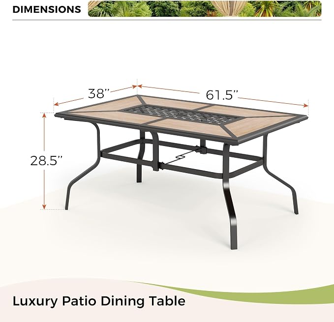 MIXPATIO Outdoor Patio Dining Table for 6, 61" x 38" Rectangular Metal Patio Dining Table with Umbrella Hole for Garden, All Weather Wrought Iron Black Outdoor Table Backyard and Porch