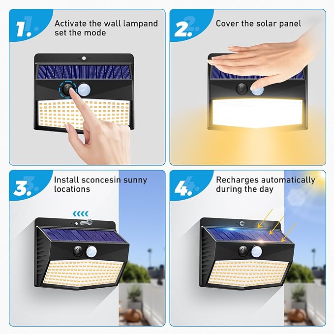 1 Pack Solar Motion Lights Outdoor, Solar Security Light with 3 Modes, IP65 Waterproof Flood Lights Outside for Camping Garden Patio Garage Backyard, Warm