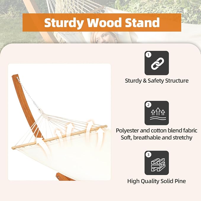 ECOTOUGE 14FT Wooden Double Hammock with Stand 2 Person Heavy Duty, Easy Assemble, Weatherproof Premium Quilted Camping Hammock for Outdoor, Patio(White)