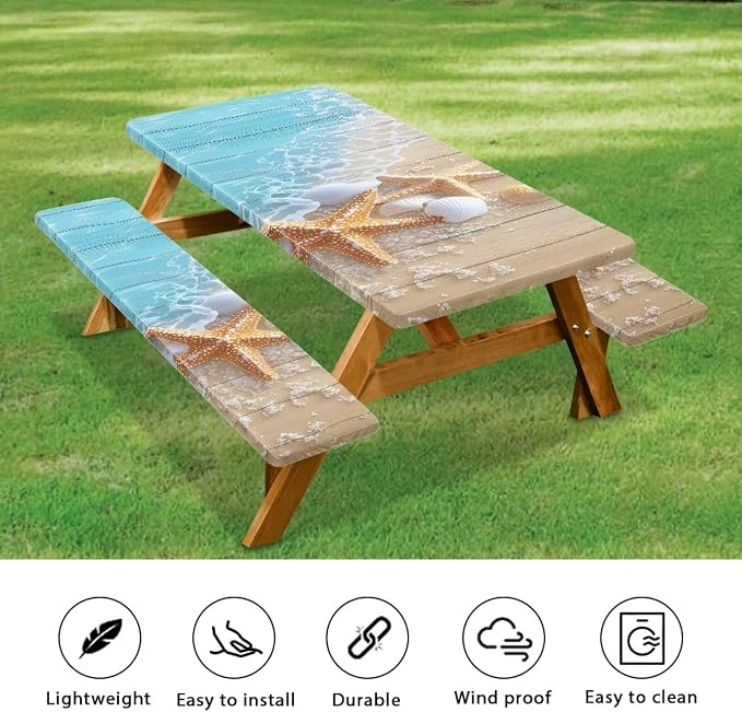 Starfish Picnic Table Cover with Bench Covers Lightweight Camping Essentials, Oil-Proof Waterproof 3PCS Tablecloth with Elastic, Fitted for Table 6FT Rectangle and Seats