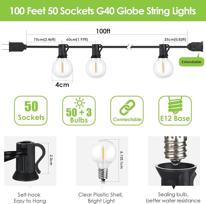 100Ft LED Outdoor String Lights, Dimmable Patio Lights, Waterproof Shatterproof 53 G40 Globe Bulb String for Backyard Bistro-Black 1 Pack