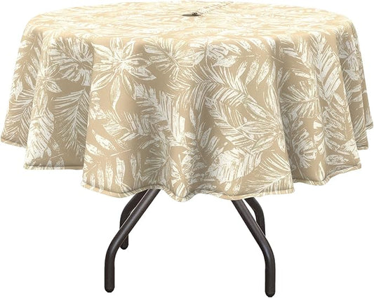 DYTXIII Outdoor Round Tablecloth with Umbrella Hole 60 Inch, Water Repellent & Fade Resistant Table Cover, All Weather Outdoor Tablecloth for Garden & Party Table, Tropical Leaf Oat