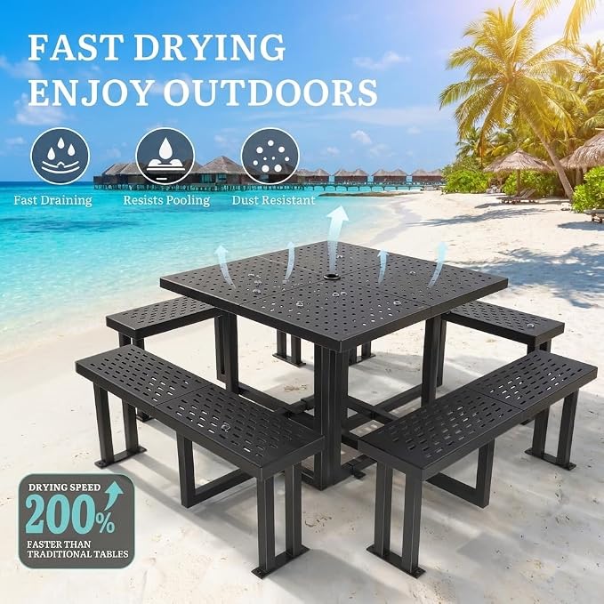 DWVO 38" Square Metal Picnic Table with Umbrella Hole - Heavy Duty Q235 Carbon Steel Outdoor Table Set for Patio, Backyard, and Lawn - Industrial Steel Construction