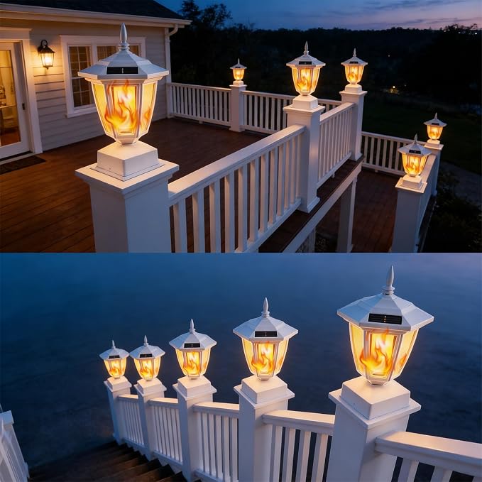 Dynaming 6 Pack Solar Flame Post Lights Outdoor, Solar Powered Lamps Fence Post Cap Lights, Flickering Flame LED Lantern Waterproof for Garden Deck Patio, Fit 4x4, 5x5 6x6 Wooden Posts, White Shell