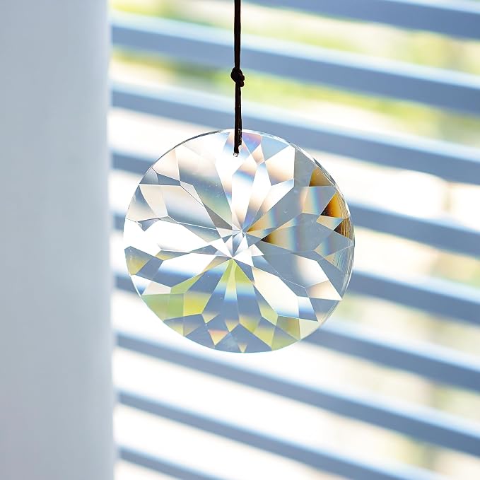 YU FENG Bauhinia Hanging Faceted Crystals Large Window Prisms Suncatcher | 3inch Round Crystal Ornament, Window Hanging Decor, Chandelier Pendant, Clear Sun Catcher Decoration
