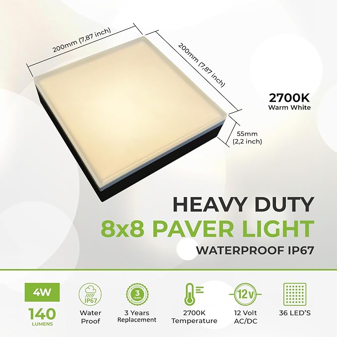 LUMENGY Paver Light 8x8 Inch (7.87x7.87), 2700K Warm White, Glare-Free Brick Lighting for Driveways, Walkways, Pool Decks and Patios, 12V Hardwired, IP67 Waterproof, Drive-Over Rated