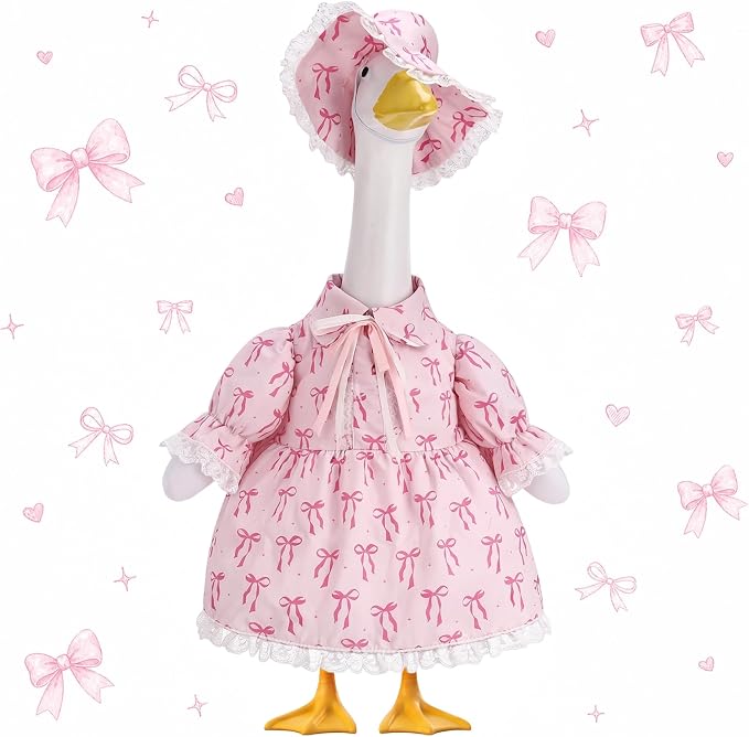 Guiquilai 2Pcs Pink Bow Porch Goose Outfit Dress Hat for 23 Inch Lawn Goose | UV Fade Resistant Polyester, Fit For 23 Inch Goose, Slip On Tool Free Wear, Pink Bow Dress Hat Set, for Easter Lawn Decor