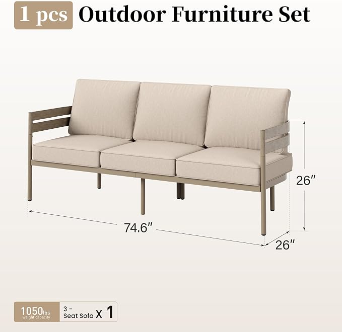 SUNSHINE VALLEY Metal Frame Outdoor Patio Sofa with Cushion, Wood-Like Patio Couch for Deck Balcony Front Porch