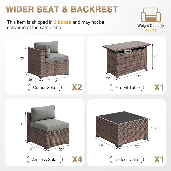 Aoxun Patio Furniture Sets, 8-Piece Outdoor Patio Furniture with 44'' Propane Gas Firepit Table, Wicker Outdoor Conversation Set Sectional Sofa for Backyard, Poolside, Garden