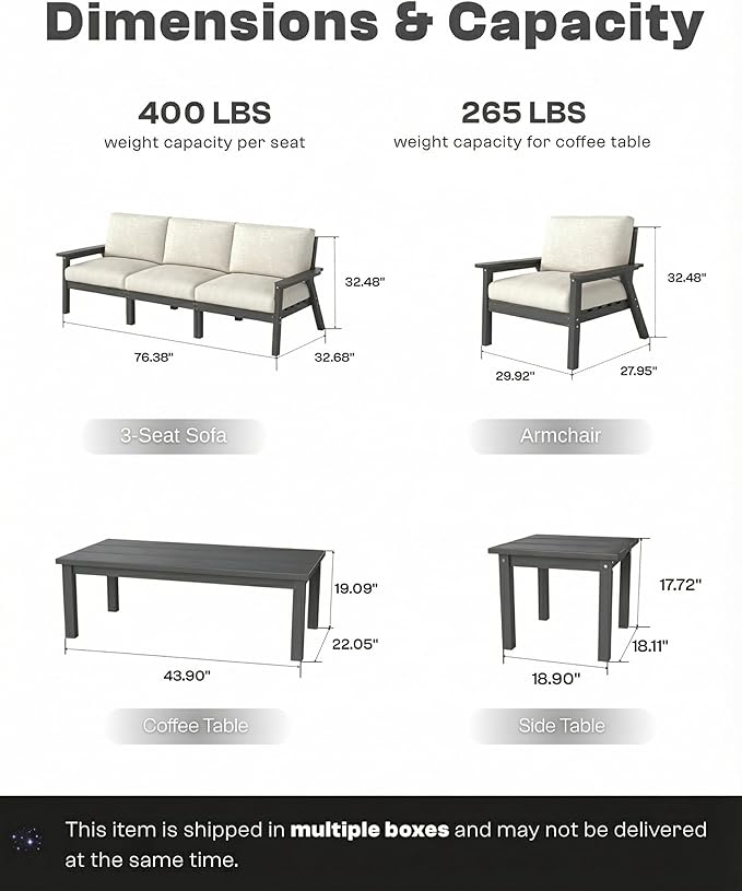 Patio Furniture Set 3 Seats, HDPE Outdoor Sectional with Washable Beige Thick Cushions, Coffee Table & Side Table, Patio Conversation Sets for Lawn, Garden, Porch, Balcony (Grey Frame)
