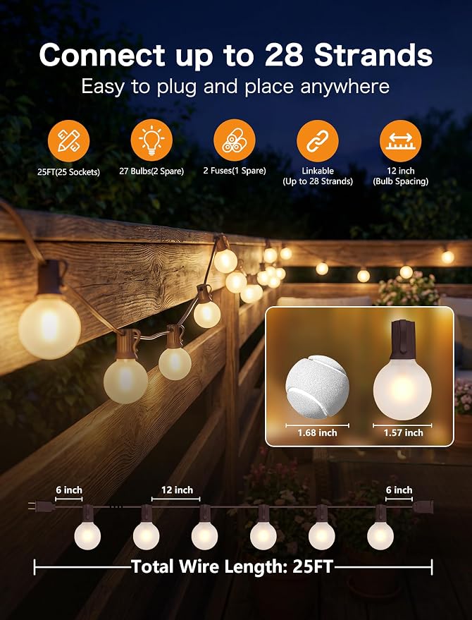 25FT Brown Outdoor String Lights, Shatterproof LED Globe String Lights with 25 G40 LED Frosted White Bulbs, Waterproof Connectable Hanging Light for Backyard Patio Porch Balcony Party Decor, E12 Base
