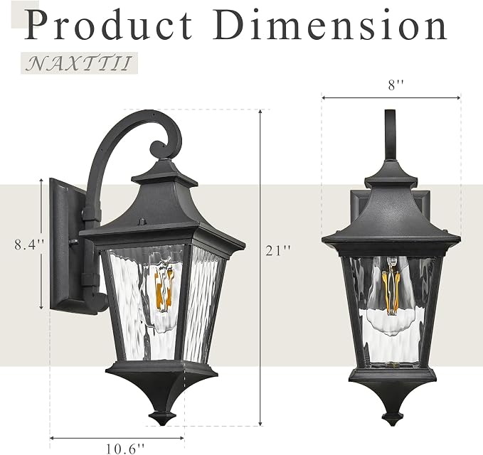 Outdoor Wall Lights 21 Inch Large Size Exterior Porch Lights Wall Mount with Water Ripple Glass Black Outdoor Porch Light for Houses E26 Socket Downward Installation